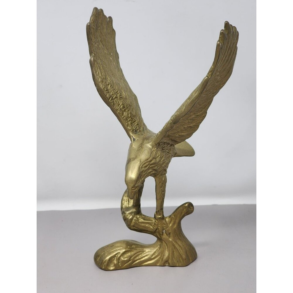 Brass Eagle Figurine With Wings Spread On Branch Perch Decorative Statue